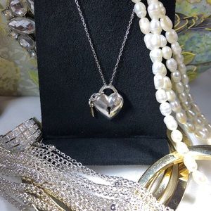 Silver Diamond Heart Lock 14k Gold Key Necklace🌷